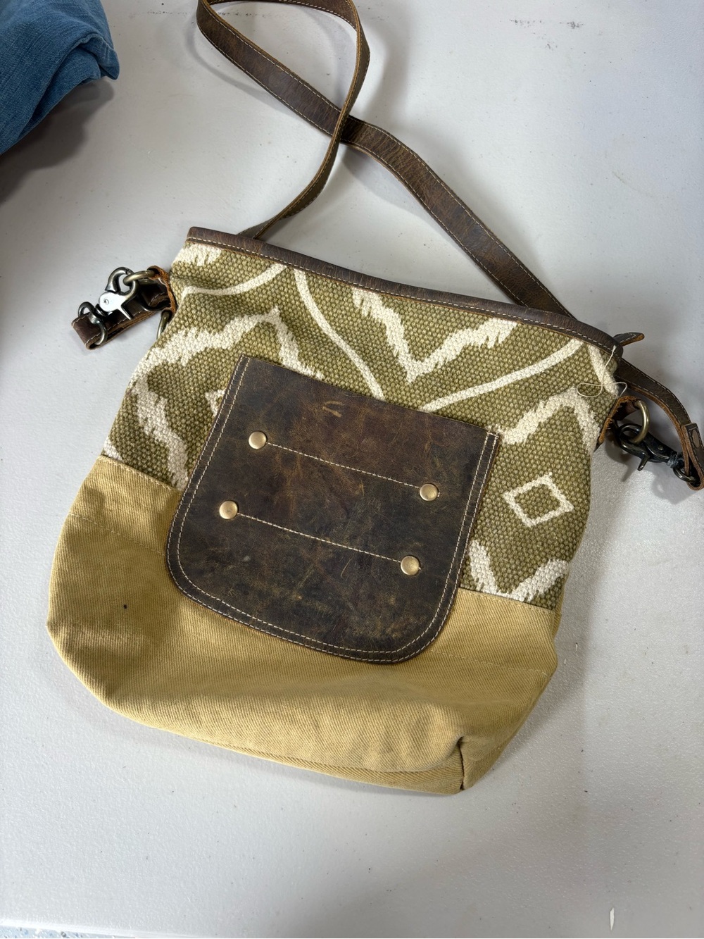 Myra Bag Olive Patterned Canvas and Tan Crossbody with Brown Leather Accents